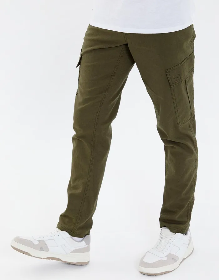 Men Khaki Linen Mix Cargo Trousers Khaki Threadbare Trousers and Cargos