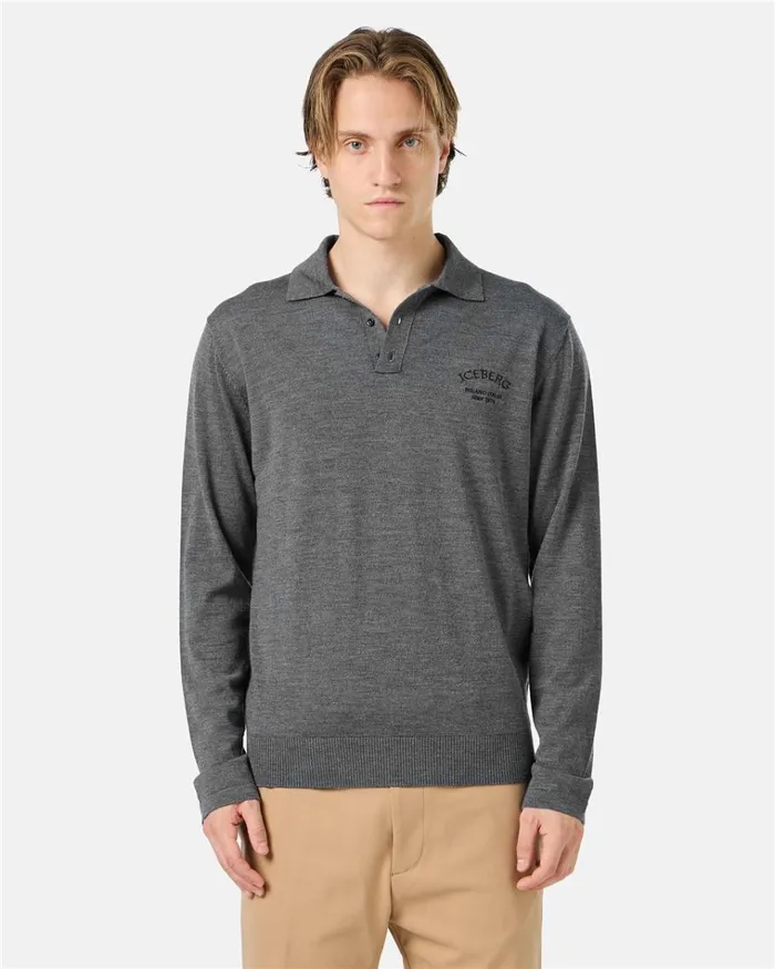 Men KNITWEAR Iceberg Grey Longsleeved Polo Shirt In Merino Yarn With Iceberg Logo