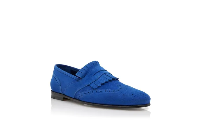 Men Loafers Manolo Blahnik AGASIO Bright Blue Suede Kiltie Loafers
