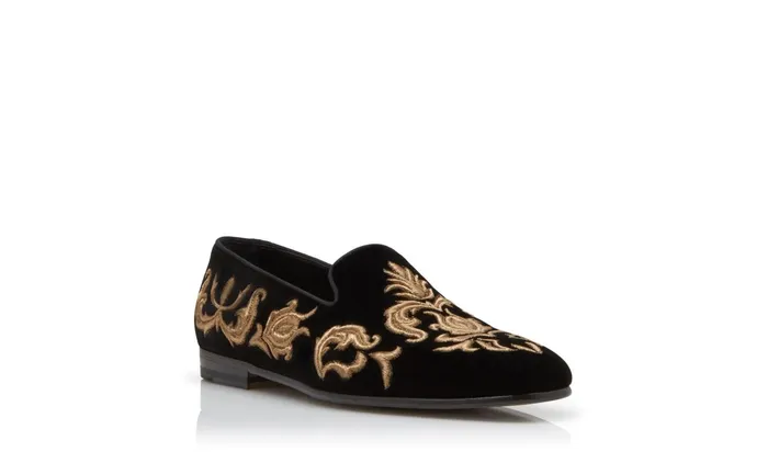 Men Loafers Manolo Blahnik MARIO Black And Gold Velvet Macram Loafers