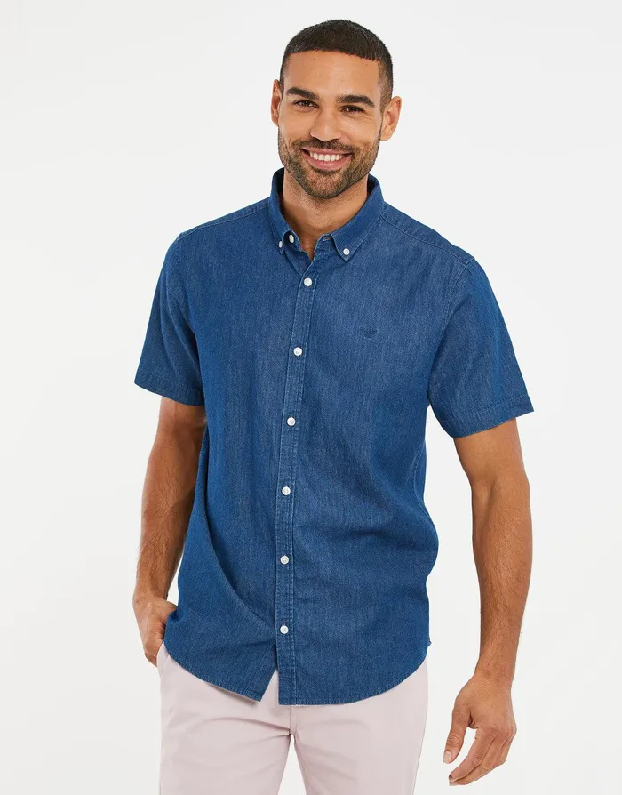 Men Mid Blue Wash Short Sleeve Denim Shirt Mid Blue Threadbare Shirts