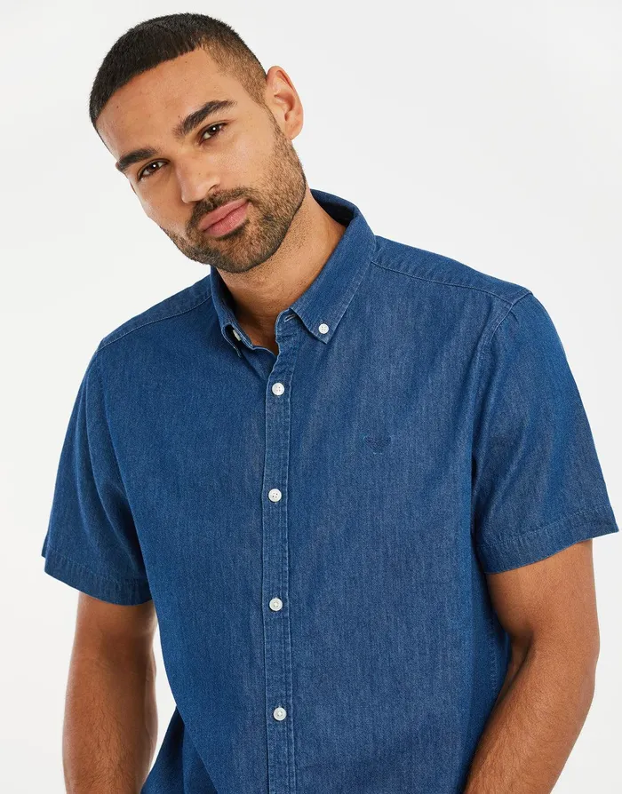 Men Mid Blue Wash Short Sleeve Denim Shirt Mid Blue Threadbare Shirts Men Mid Blue Wash Short Sleeve Denim Shirt Mid Blue Threadbare Shirts