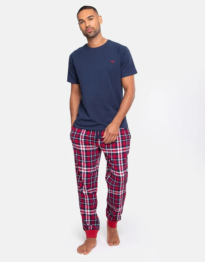 Men Navy and Red Check Pyjama TShirt and Bottoms 2Piece Set Navy Threadbare Loungewear Men Navy and Red Check Pyjama TShirt and Bottoms 2Piece Set Navy Threadbare Loungewear