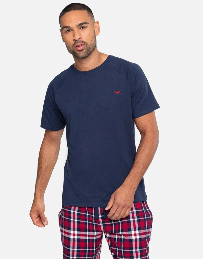 Men Navy and Red Check Pyjama TShirt and Bottoms 2Piece Set Navy Threadbare Loungewear Men Navy and Red Check Pyjama TShirt and Bottoms 2Piece Set Navy Threadbare Loungewear