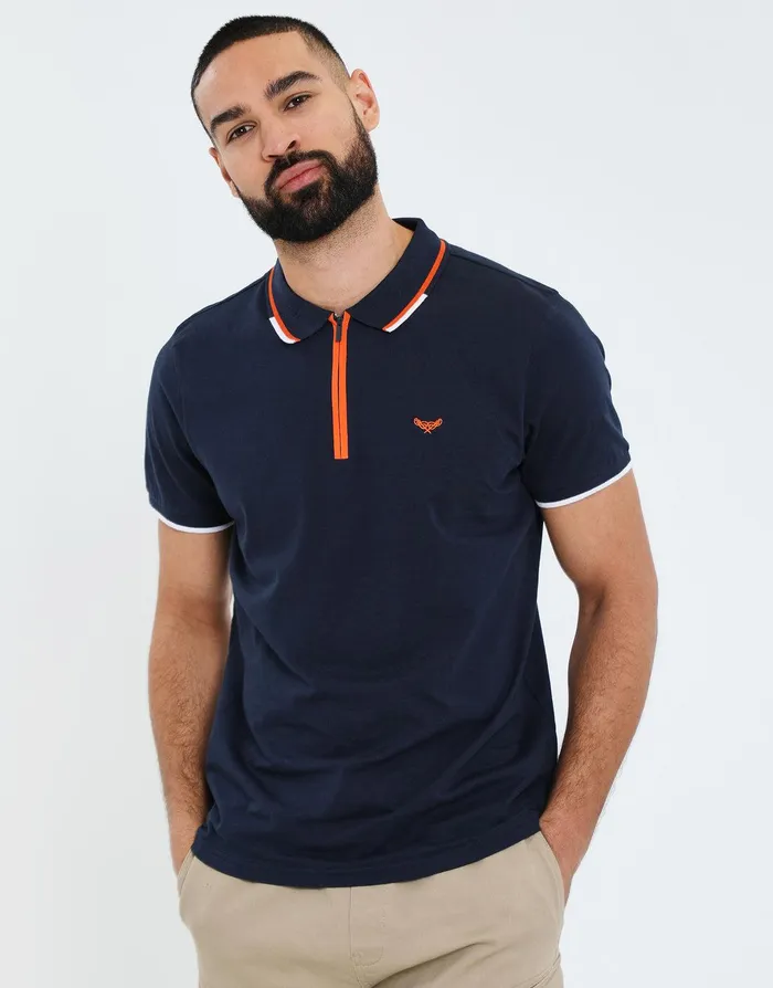 Men Navy Contrast Orange Zip Collar Polo Shirt Navy Threadbare Polo Shirts