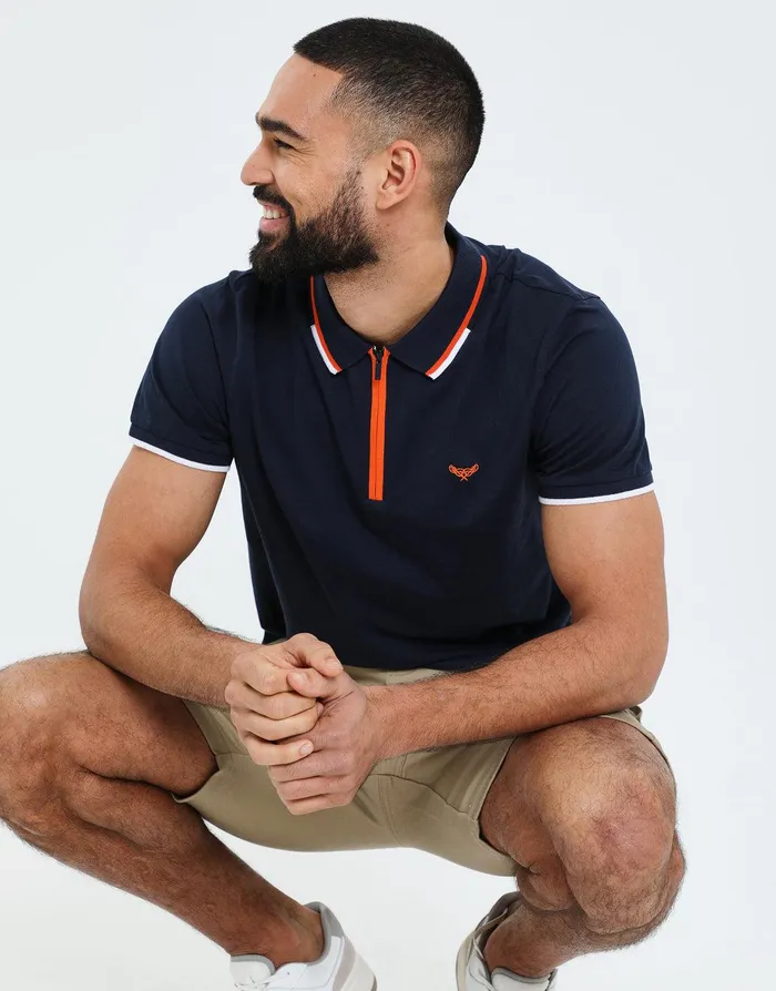 Men Navy Contrast Orange Zip Collar Polo Shirt Navy Threadbare Polo Shirts Men Navy Contrast Orange Zip Collar Polo Shirt Navy Threadbare Polo Shirts