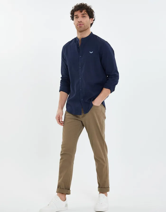 Men Navy Grandad Collar Linen Blend Shirt Navy Threadbare Linen Men Navy Grandad Collar Linen Blend Shirt Navy Threadbare Linen