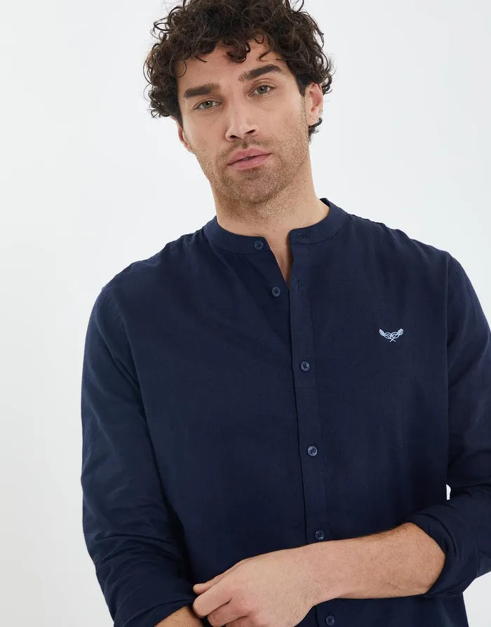 Men Navy Grandad Collar Linen Blend Shirt Navy Threadbare Linen Men Navy Grandad Collar Linen Blend Shirt Navy Threadbare Linen