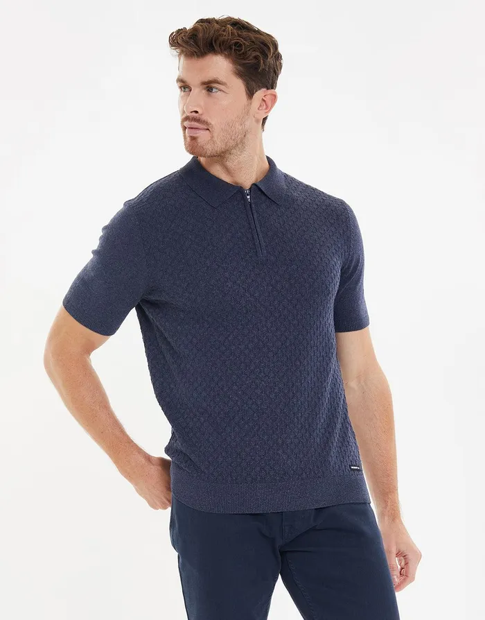 Men Navy Marl Textured Quarter Zip Knitted Polo Navy Marl Threadbare Polo Shirts Men Navy Marl Textured Quarter Zip Knitted Polo Navy Marl Threadbare Polo Shirts