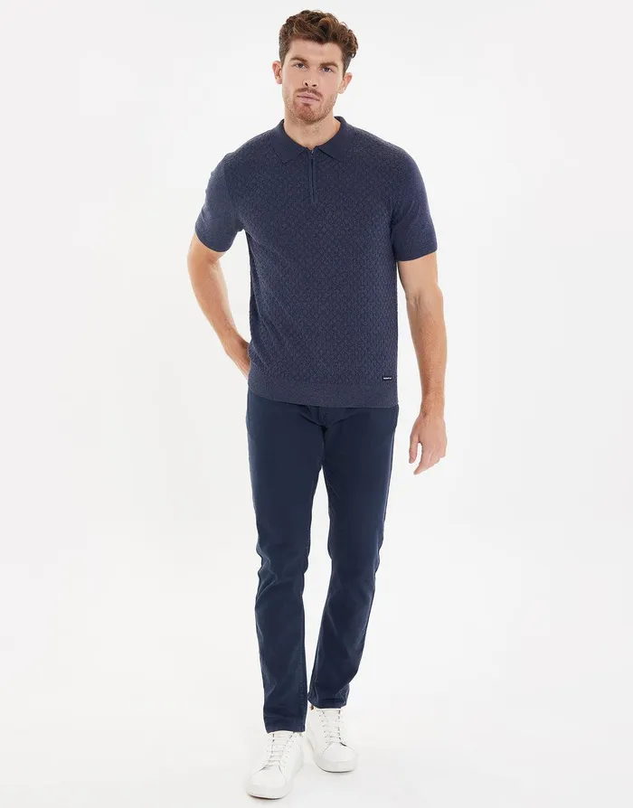 Men Navy Marl Textured Quarter Zip Knitted Polo Navy Marl Threadbare Polo Shirts Men Navy Marl Textured Quarter Zip Knitted Polo Navy Marl Threadbare Polo Shirts