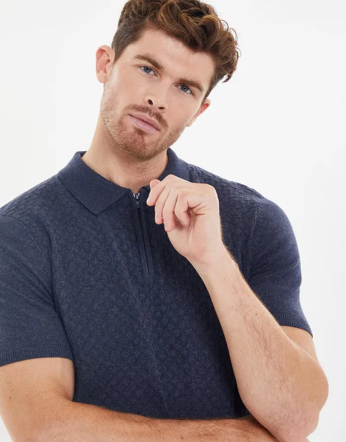 Men Navy Marl Textured Quarter Zip Knitted Polo Navy Marl Threadbare Polo Shirts Men Navy Marl Textured Quarter Zip Knitted Polo Navy Marl Threadbare Polo Shirts