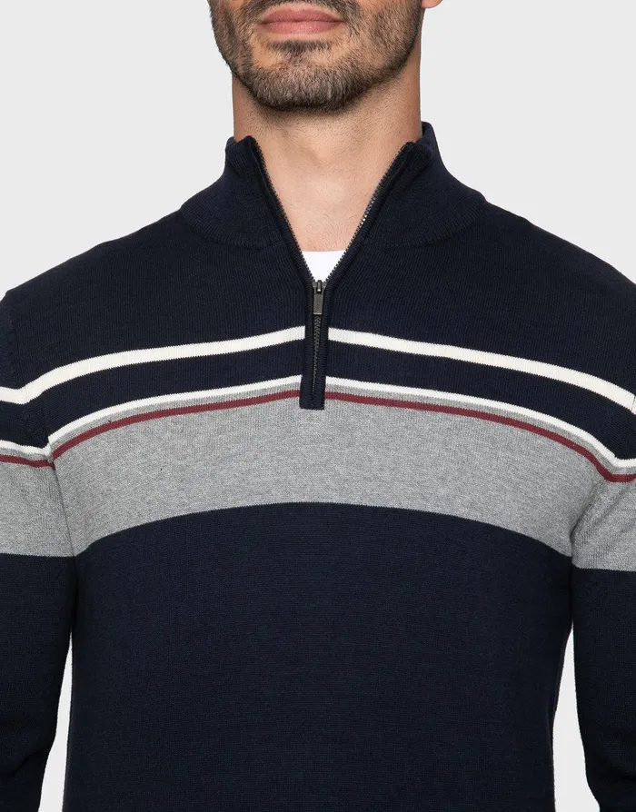 Men Navy Mix Quarter Zip Colourblock Jumper Navy Mix Threadbare Knitwear Men Navy Mix Quarter Zip Colourblock Jumper Navy Mix Threadbare Knitwear
