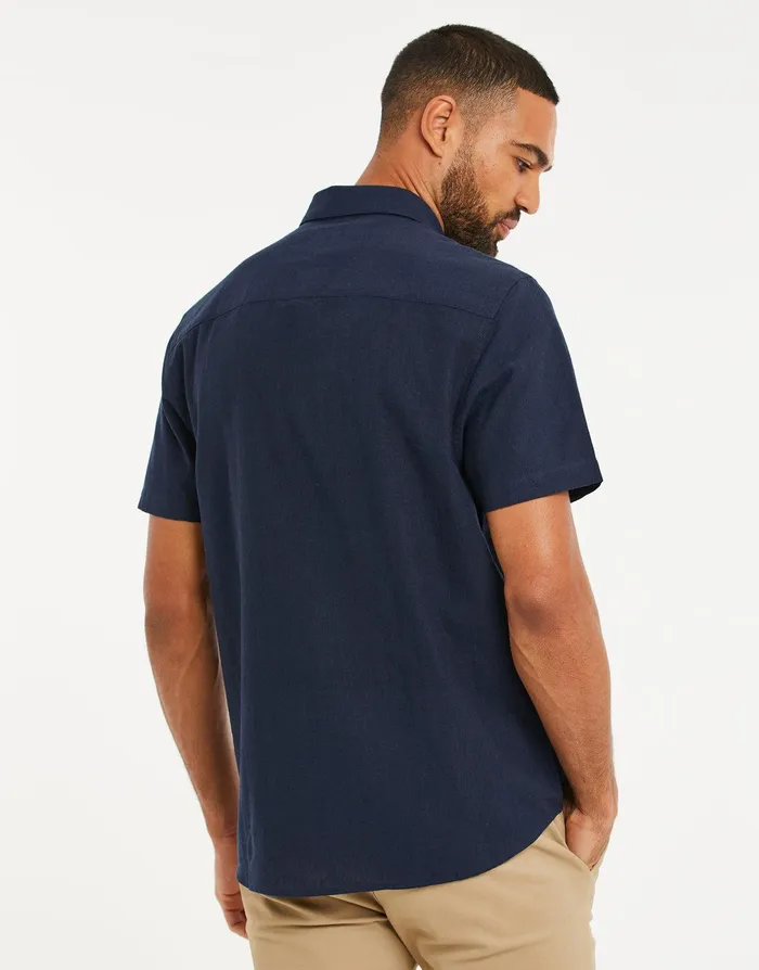 Men Navy Short Sleeve Linen Blend Shirt Navy Threadbare Linen Men Navy Short Sleeve Linen Blend Shirt Navy Threadbare Linen