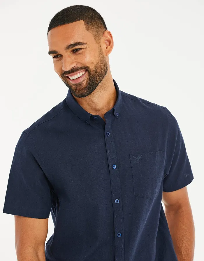 Men Navy Short Sleeve Linen Blend Shirt Navy Threadbare Linen Men Navy Short Sleeve Linen Blend Shirt Navy Threadbare Linen