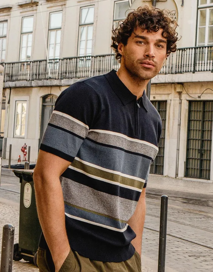 Men Navy Striped Quarter Zip Knitted Polo Navy Threadbare Polo Shirts Men Navy Striped Quarter Zip Knitted Polo Navy Threadbare Polo Shirts