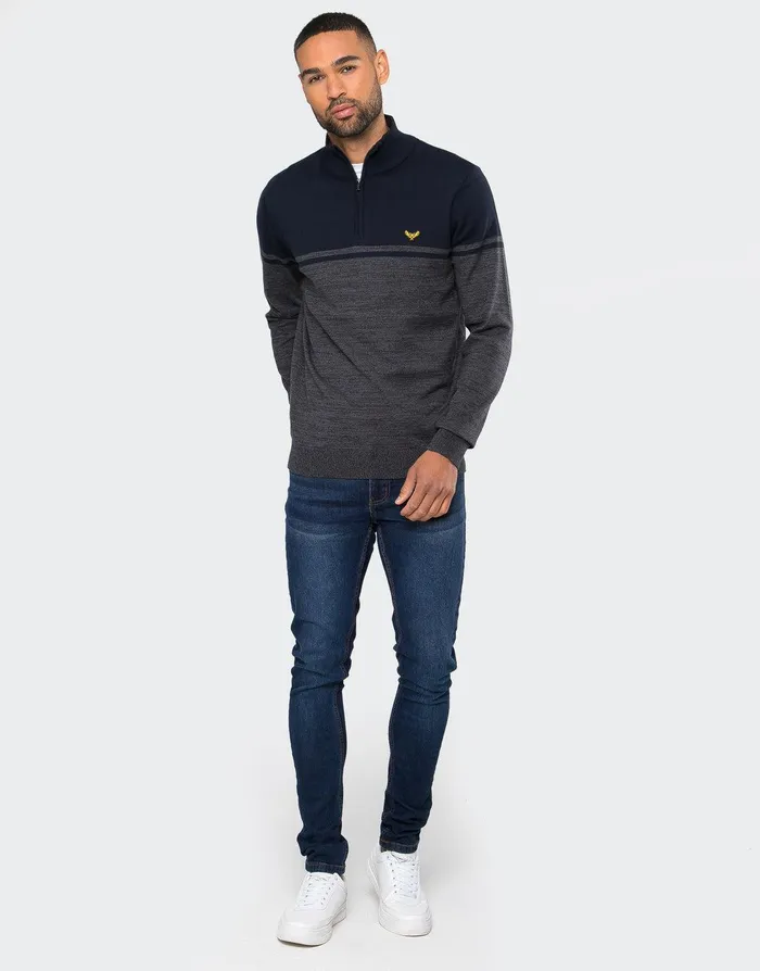 Men Navy Two Tone Quarter Zip Jumper Navy Threadbare Knitwear Men Navy Two Tone Quarter Zip Jumper Navy Threadbare Knitwear