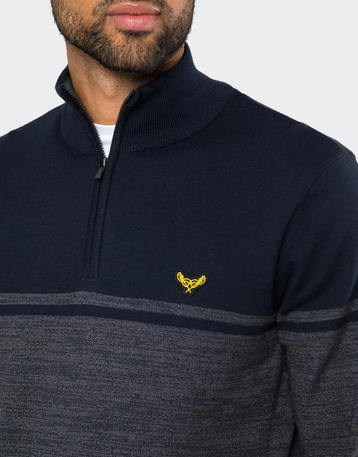 Men Navy Two Tone Quarter Zip Jumper Navy Threadbare Knitwear Men Navy Two Tone Quarter Zip Jumper Navy Threadbare Knitwear