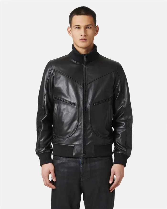 Men OUTERWEAR Iceberg Leather Bomber Jacket With Iceberg Logo