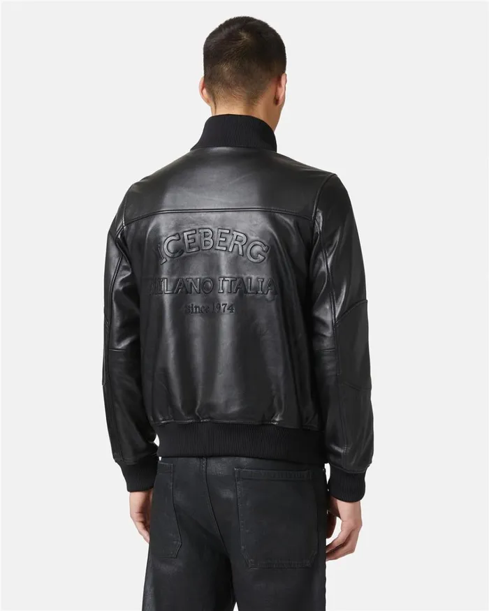 Men OUTERWEAR Iceberg Leather Bomber Jacket With Iceberg Logo