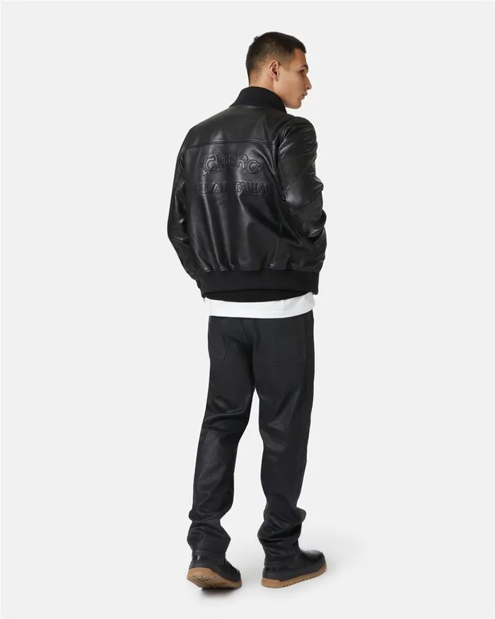 Men OUTERWEAR Iceberg Leather Bomber Jacket With Iceberg Logo
