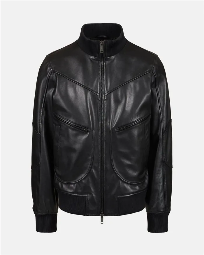 Men OUTERWEAR Iceberg Leather Bomber Jacket With Iceberg Logo