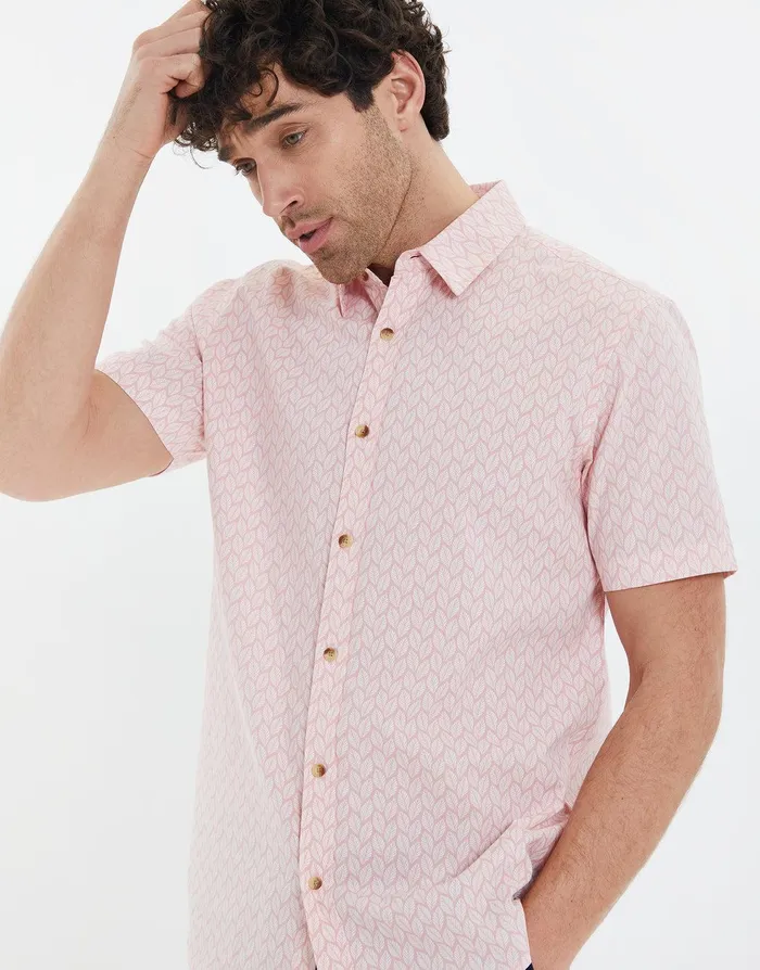 Men Pink Leaf Print Short Sleeve Shirt Pink Threadbare Shirts Men Pink Leaf Print Short Sleeve Shirt Pink Threadbare Shirts