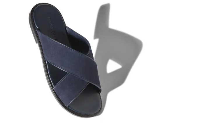 Men Sandals Manolo Blahnik OTAWI Navy Blue Suede CrissCross Sandals Men Sandals Manolo Blahnik OTAWI Navy Blue Suede CrissCross Sandals