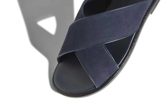 Men Sandals Manolo Blahnik OTAWI Navy Blue Suede CrissCross Sandals Men Sandals Manolo Blahnik OTAWI Navy Blue Suede CrissCross Sandals