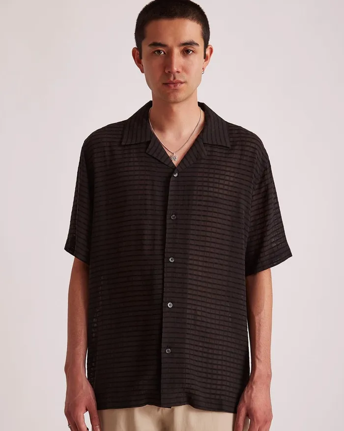 Men Saturdays NYC Shirts Canty Sheer Check SS Shirt Black Men Saturdays NYC Shirts Canty Sheer Check SS Shirt Black