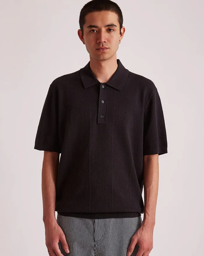Men Saturdays NYC Shirts Jahmad LinenBlend Knit Polo Black Men Saturdays NYC Shirts Jahmad LinenBlend Knit Polo Black