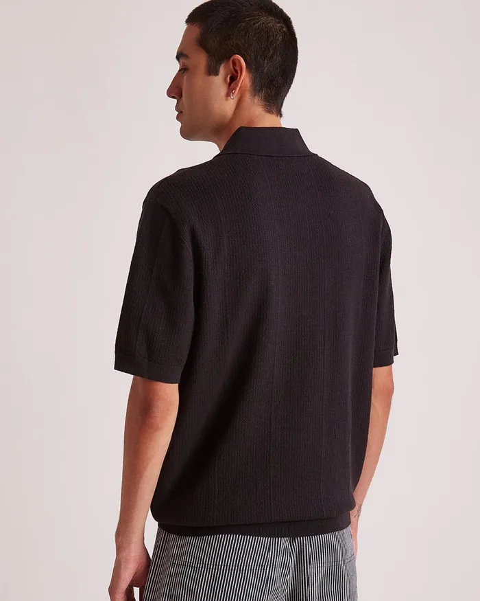 Men Saturdays NYC Shirts Jahmad LinenBlend Knit Polo Black Men Saturdays NYC Shirts Jahmad LinenBlend Knit Polo Black