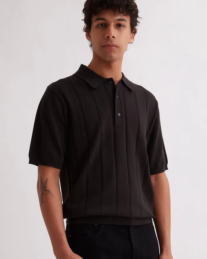 Men Saturdays NYC Shirts Jahmad Mini Cable Knit Polo Black Men Saturdays NYC Shirts Jahmad Mini Cable Knit Polo Black