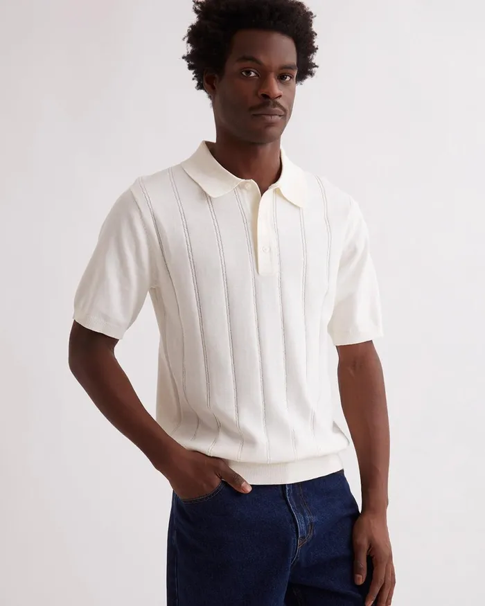 Men Saturdays NYC Shirts Jahmad Mini Cable Knit Polo Ivory Men Saturdays NYC Shirts Jahmad Mini Cable Knit Polo Ivory