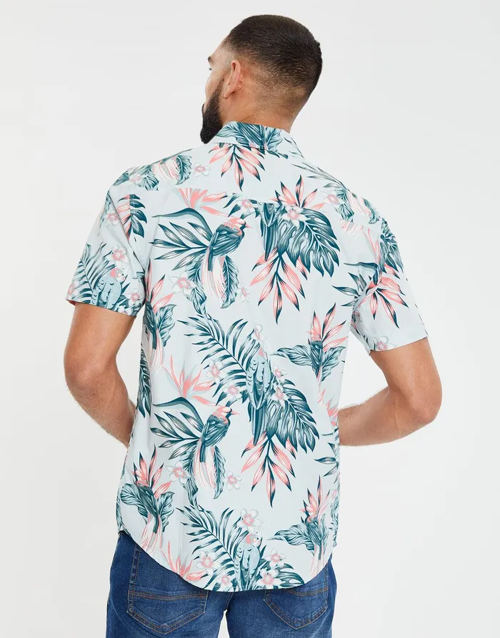 Men Sky Blue Tropical Print Short Sleeve Shirt Sky Blue Threadbare Shirts Men Sky Blue Tropical Print Short Sleeve Shirt Sky Blue Threadbare Shirts