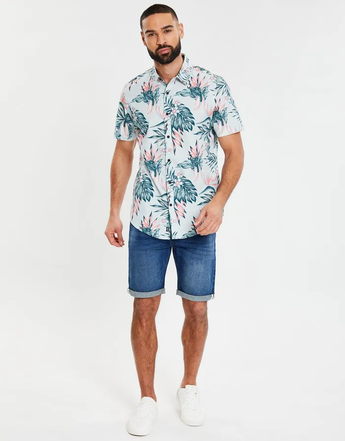 Men Sky Blue Tropical Print Short Sleeve Shirt Sky Blue Threadbare Shirts Men Sky Blue Tropical Print Short Sleeve Shirt Sky Blue Threadbare Shirts