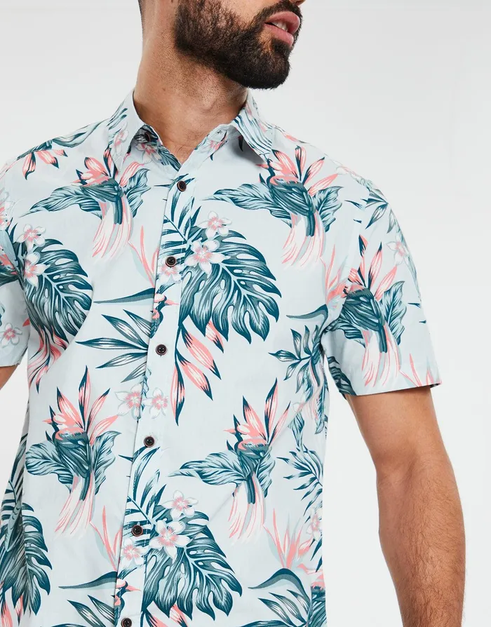 Men Sky Blue Tropical Print Short Sleeve Shirt Sky Blue Threadbare Shirts Men Sky Blue Tropical Print Short Sleeve Shirt Sky Blue Threadbare Shirts