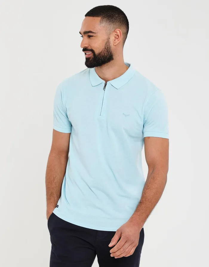 Men Sky Blue Waffle Zip Collar Polo Shirt Sky Blue Threadbare Polo Shirts