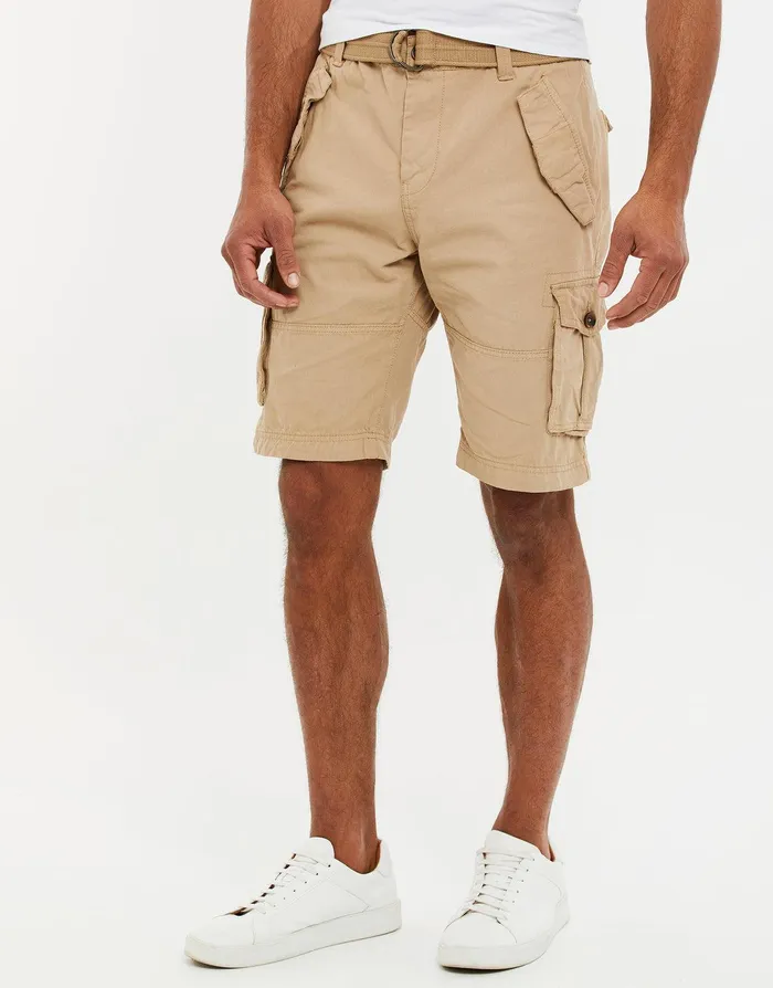 Men Stone Belted Cargo Shorts Stone Threadbare Shorts