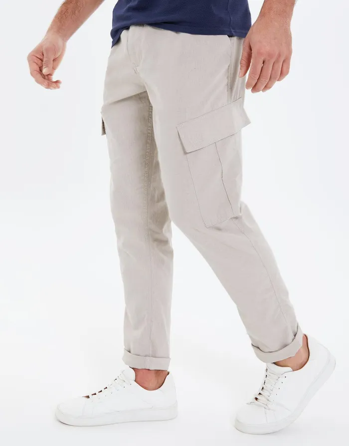 Men Stone Linen Mix Cargo Trousers Stone Threadbare Trousers and Cargos