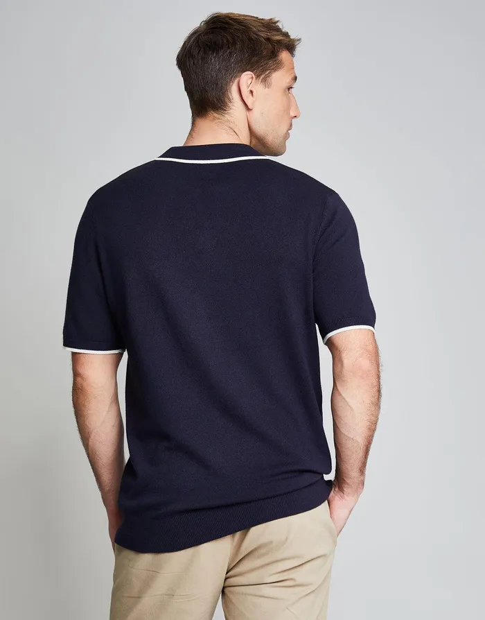 Men Threadbare Luxe Navy Contrast Tipping Revere Collar Knitted Polo Navy Threadbare Polo Shirts