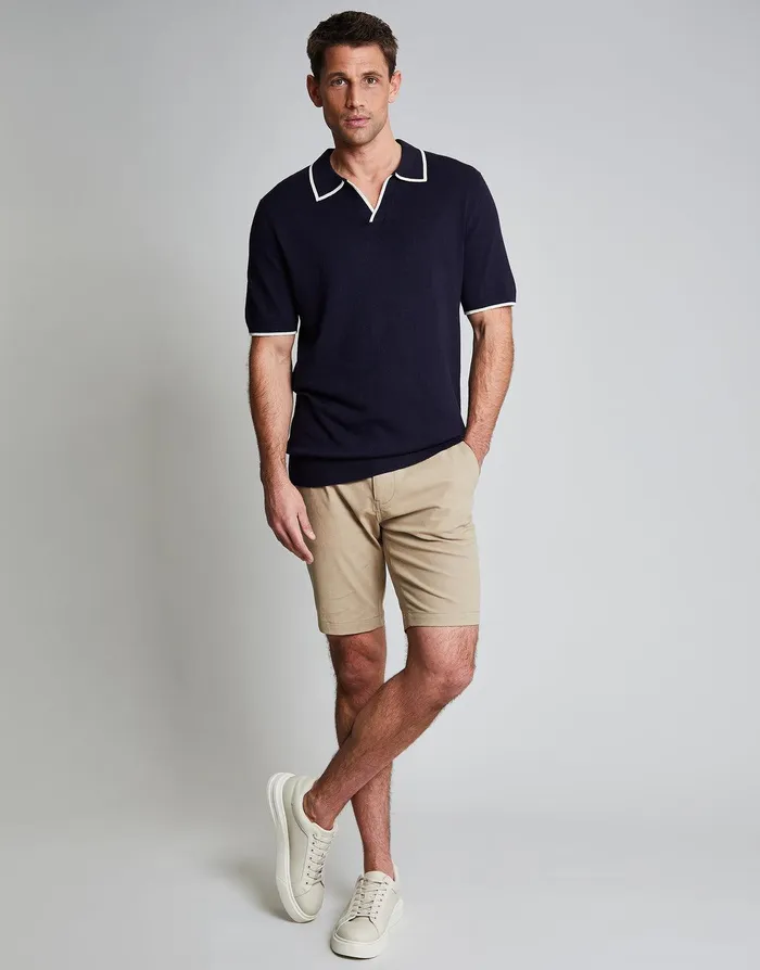 Men Threadbare Luxe Navy Contrast Tipping Revere Collar Knitted Polo Navy Threadbare Polo Shirts