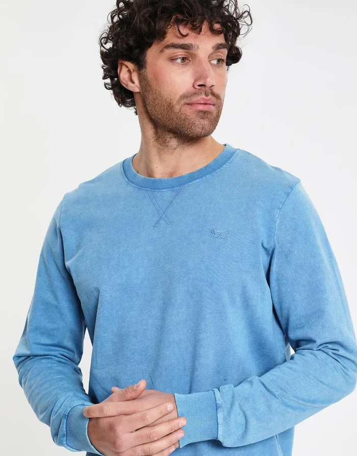 Men Tranquil Blue Crew Neck Fleece Sweatshirt Blue Threadbare Sweatshirts