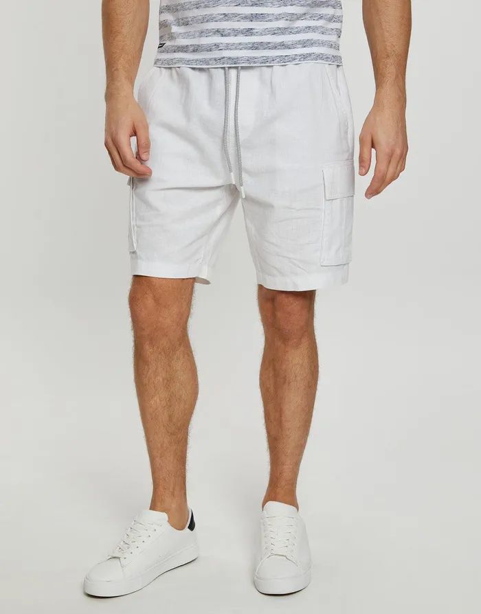 Men White Linen Blend Cargo Shorts White Threadbare Shorts