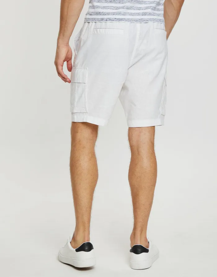 Men White Linen Blend Cargo Shorts White Threadbare Shorts
