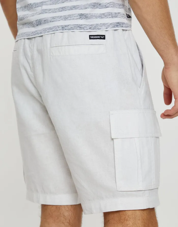 Men White Linen Blend Cargo Shorts White Threadbare Shorts