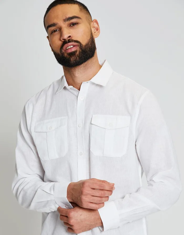 Men White Linen Blend Twin Chest Pocket Long Sleeve Shirt White Threadbare Linen Men White Linen Blend Twin Chest Pocket Long Sleeve Shirt White Threadbare Linen