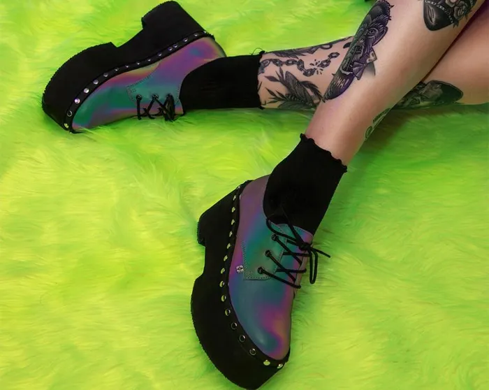 Midnight Chameleon Dino Flat Platform Women TUK Shoes Platforms Midnight Chameleon Dino Flat Platform Women TUK Shoes Platforms