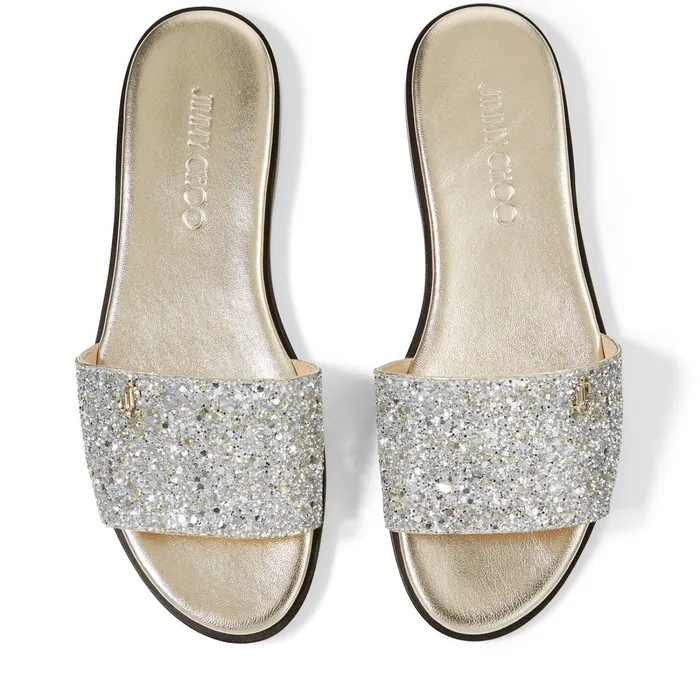 Minea Flat Champagne Coarse Glitter Fabric Flats With Jc Emblem Champagne Women JIMMY CHOO Flats