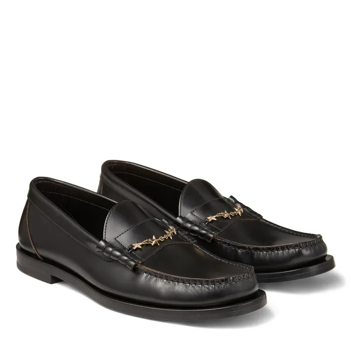 Mocca Black Shiny Calf Leather Loafers With Star Chain Blackgold Men JIMMY CHOO Dress Shoes