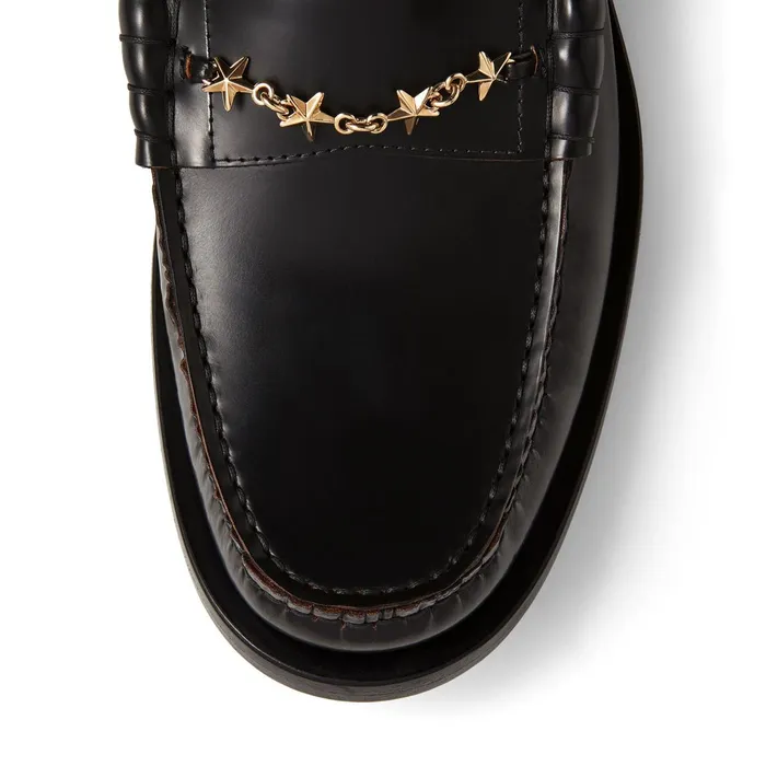 Mocca Black Shiny Calf Leather Loafers With Star Chain Blackgold Men JIMMY CHOO Dress Shoes